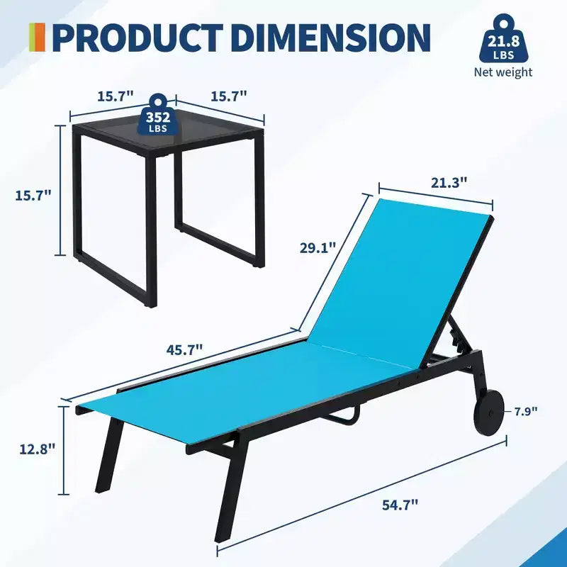 GustoWave 3-Piece Outdoor Chaise Lounge Set with Wheels & Side Table - Adjustable Backrest Lounge Chairs for Patio, Poolside, Deck