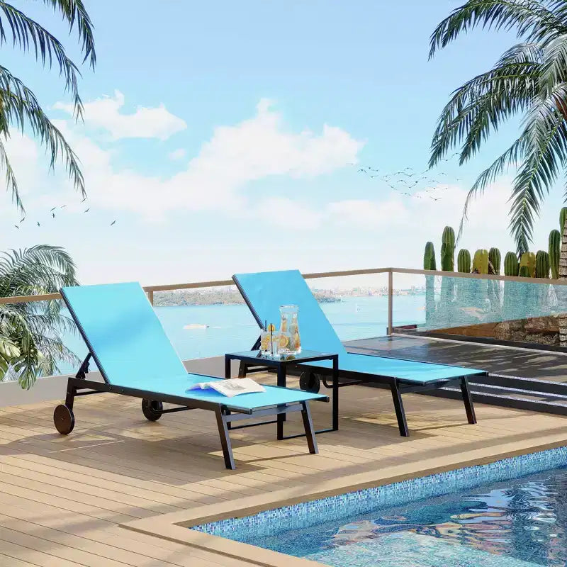 GustoWave 3-Piece Outdoor Chaise Lounge Set with Wheels & Side Table - Adjustable Backrest Lounge Chairs for Patio, Poolside, Deck