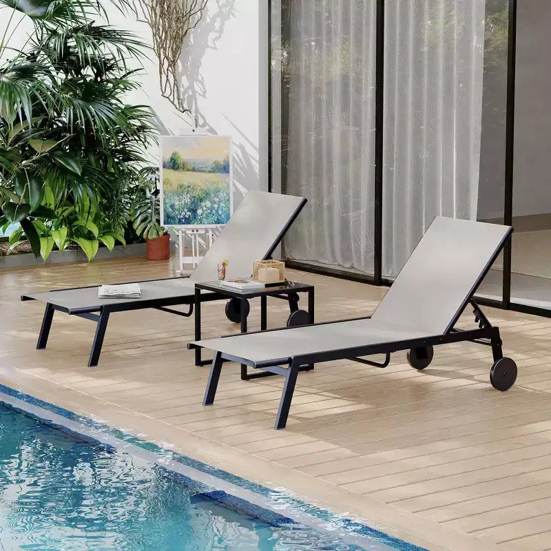 GustoWave Set da 3 Pezzi Chaise Longue da Esterno con Ruote e Tavolino - Sedie Sdraio Reclinabili per Patio, Piscina, Terrazza