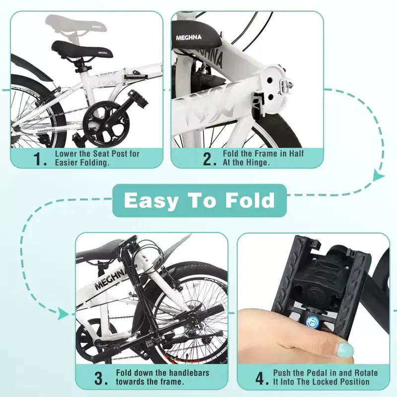NAYSAYE 20 Inch Folding Bike for Adults with Basket Phone Holder Fenders 6 Speed Steel Frame Dual V Brakes for Men and Women, White, 61*26.38*42.13