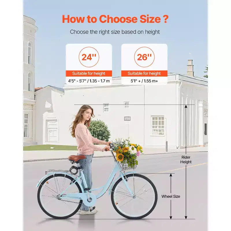 VEVOR Cruiser Bike, 1 velocità, Bici da spiaggia Cruiser da 26 pollici azzurra con cestino di grande capacità e portapacchi posteriore, Bici Cruiser sicura e robusta, azzurra