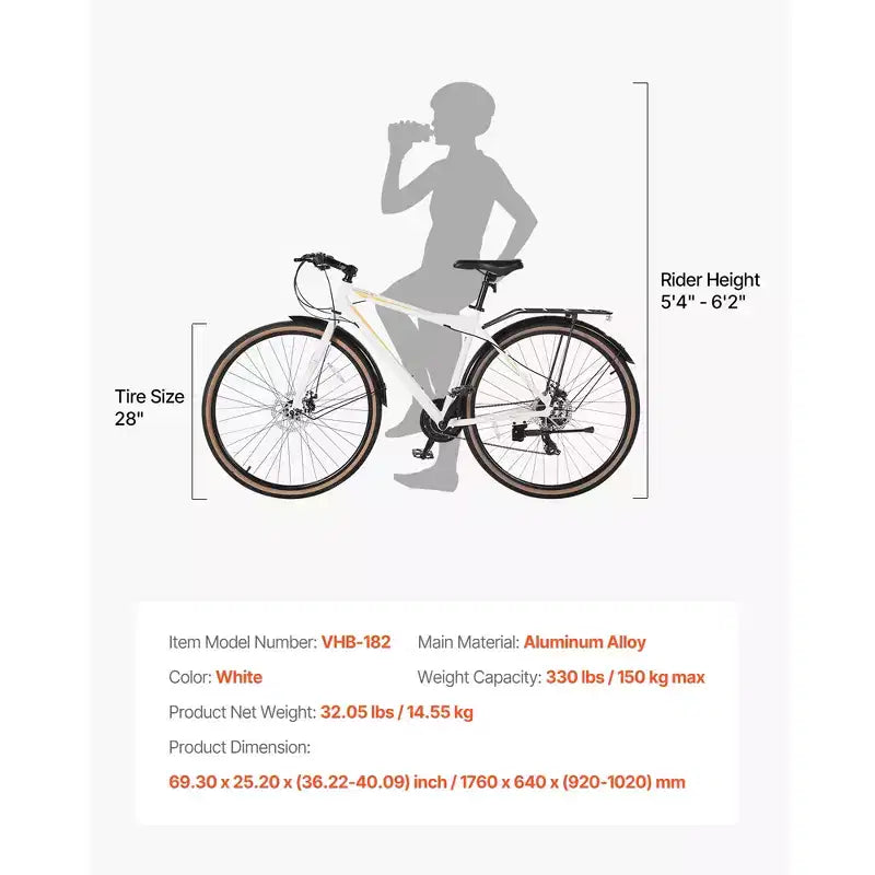 VEVOR Hybrid Bike, Lightweight Aluminum Frame Bike, 700c Wheel Men Women Hybrid Bicycle, Step-Over Adult Urban City Commuter Bikes, White