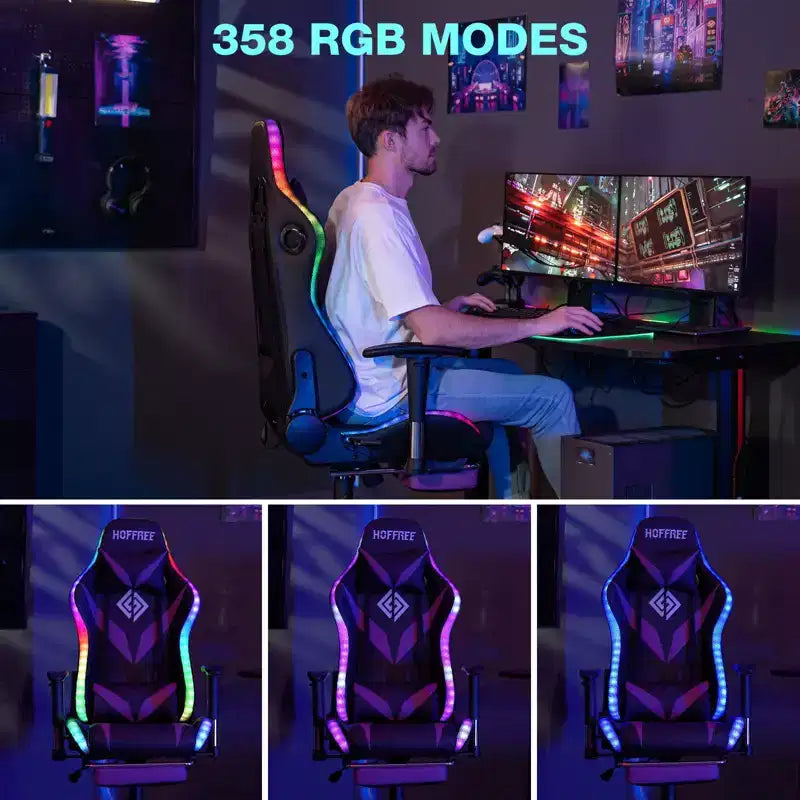 Sedia da Gaming Reclinabile per Massaggio Hoffree, Ergonomica da Ufficio per PC con Altoparlante Bluetooth e Luci RGB