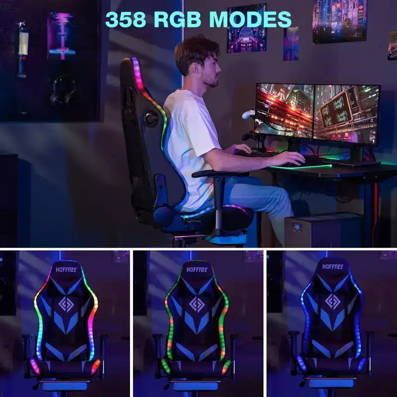 Sedia da Gaming Reclinabile per Massaggio Hoffree, Ergonomica da Ufficio per PC con Altoparlante Bluetooth e Luci RGB