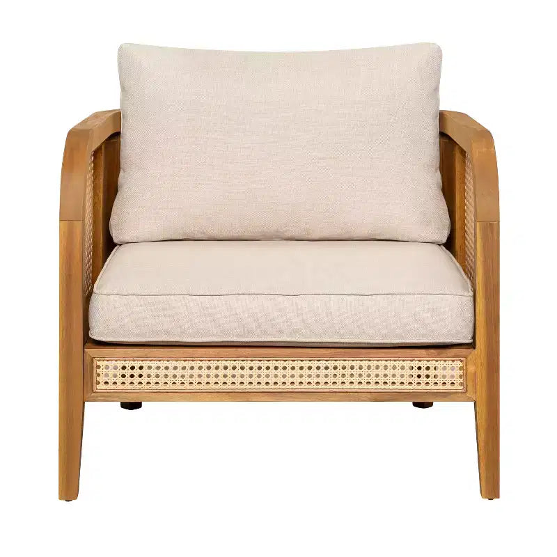 Poltrona Club da Esterno in Legno di Acacia con Accenti in Rattan e Cuscino, Stile Bohemien e Moderno di Metà Secolo (Set da 1/2/4) - ModernLuxe