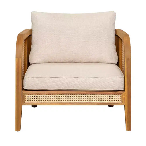 Poltrona Club da Esterno in Legno di Acacia con Accenti in Rattan e Cuscino, Stile Bohemien e Moderno di Metà Secolo (Set da 1/2/4) - ModernLuxe