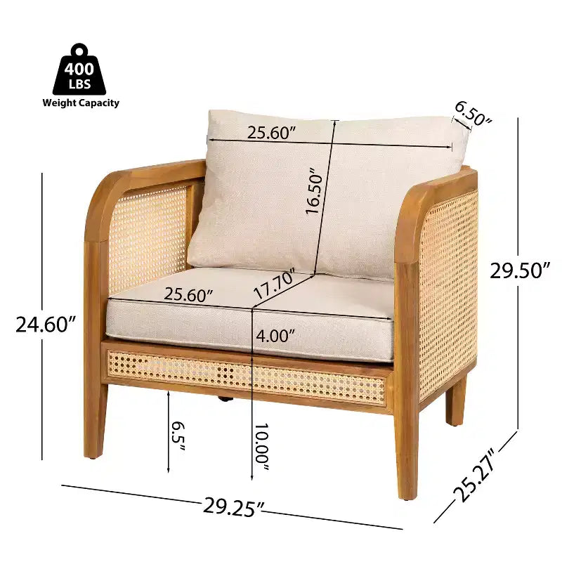 Poltrona Club da Esterno in Legno di Acacia con Accenti in Rattan e Cuscino, Stile Bohemien e Moderno di Metà Secolo (Set da 1/2/4) - ModernLuxe