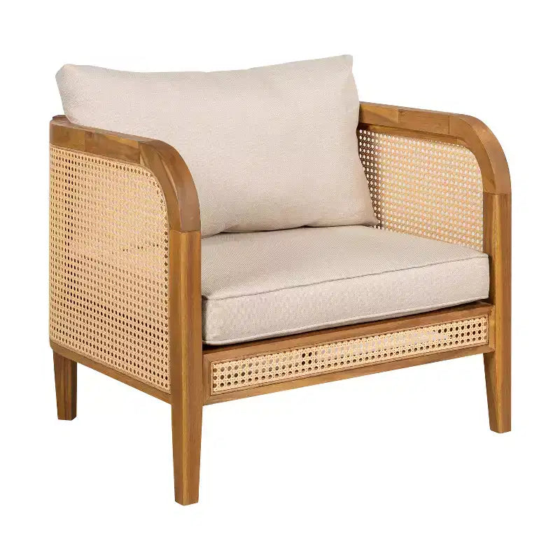 Poltrona Club da Esterno in Legno di Acacia con Accenti in Rattan e Cuscino, Stile Bohemien e Moderno di Metà Secolo (Set da 1/2/4) - ModernLuxe