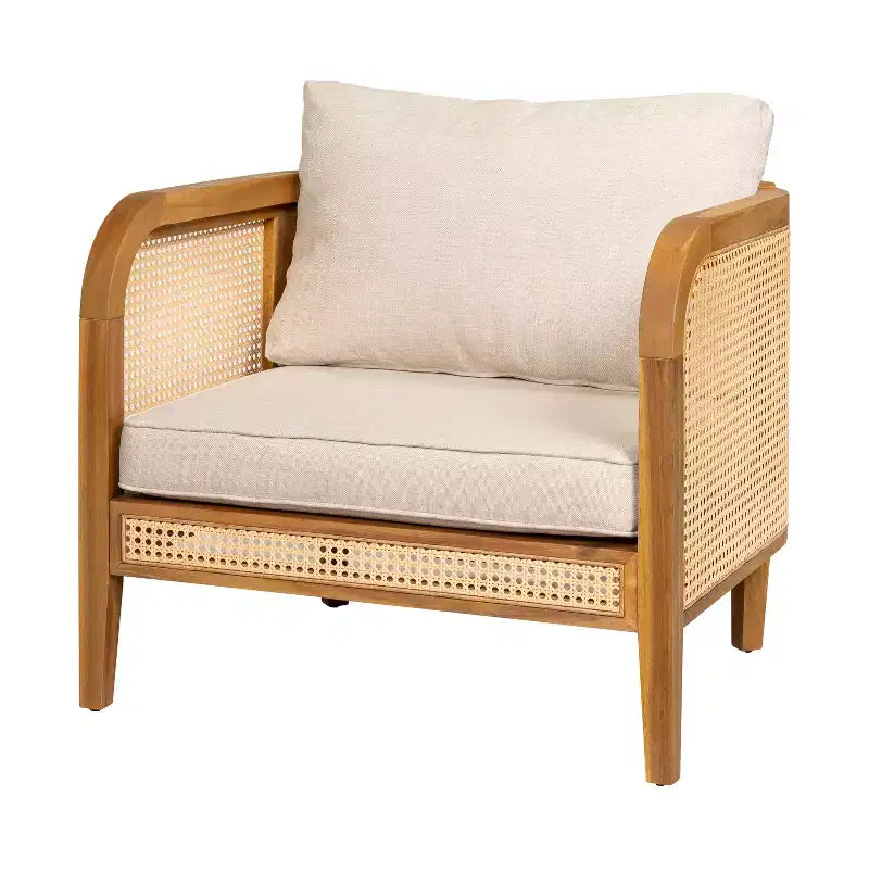 Poltrona Club da Esterno in Legno di Acacia con Accenti in Rattan e Cuscino, Stile Bohemien e Moderno di Metà Secolo (Set da 1/2/4) - ModernLuxe