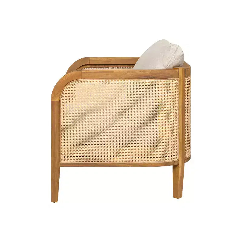 Poltrona Club da Esterno in Legno di Acacia con Accenti in Rattan e Cuscino, Stile Bohemien e Moderno di Metà Secolo (Set da 1/2/4) - ModernLuxe