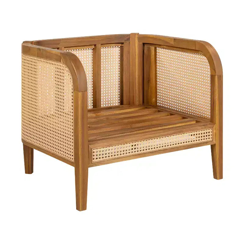 Poltrona Club da Esterno in Legno di Acacia con Accenti in Rattan e Cuscino, Stile Bohemien e Moderno di Metà Secolo (Set da 1/2/4) - ModernLuxe