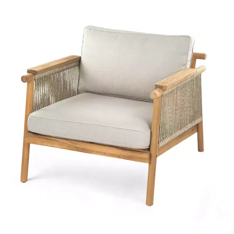 ModernLuxe Sedia da club da esterno in legno di acacia, poltrona da patio con braccioli e schienale in corda intrecciata, cuscini resistenti all'acqua, teak