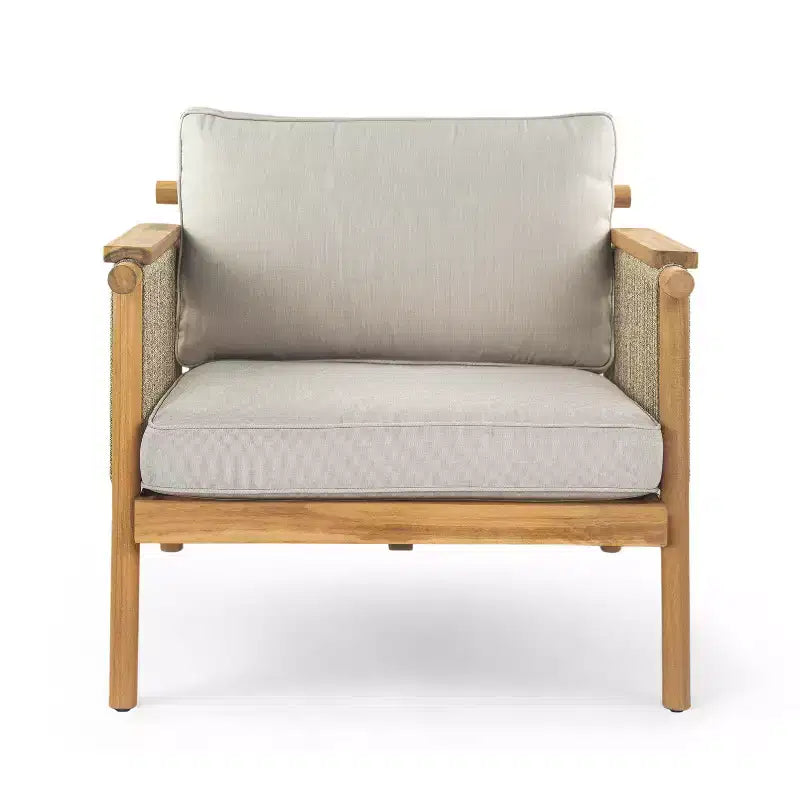 ModernLuxe Sedia da club da esterno in legno di acacia, poltrona da patio con braccioli e schienale in corda intrecciata, cuscini resistenti all'acqua, teak