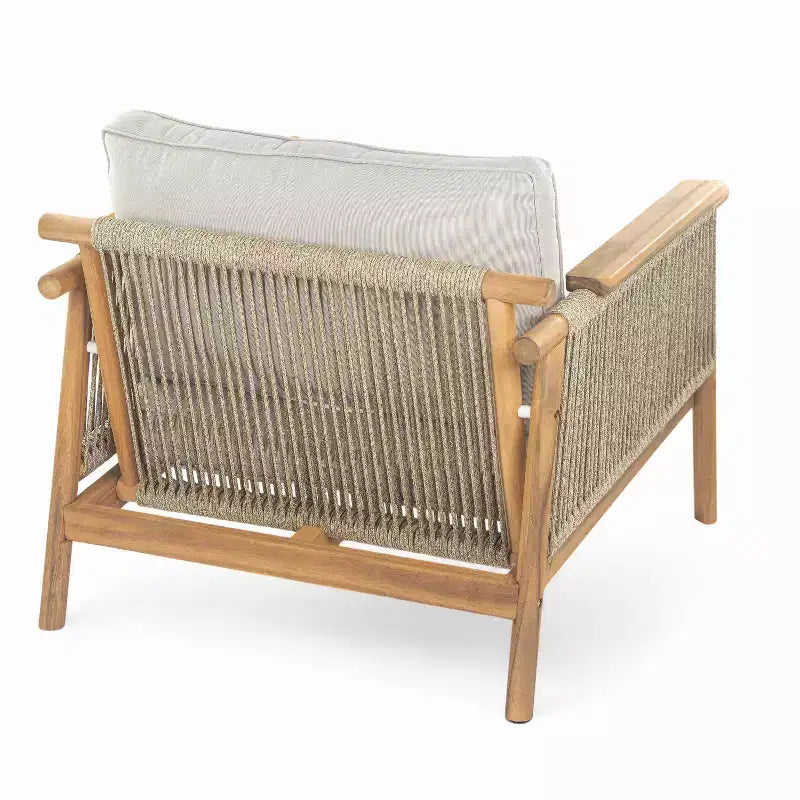 ModernLuxe Sedia da club da esterno in legno di acacia, poltrona da patio con braccioli e schienale in corda intrecciata, cuscini resistenti all'acqua, teak