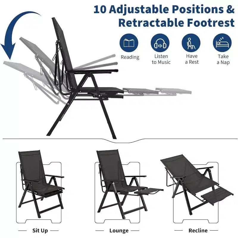 Acekool Sedie Pieghevoli da Giardino, Set da 2, Sedie Reclinabili da Esterno con Braccioli e Poggiapiedi, Sdraio Portatili per Giardino, Cortile, Piscina, Balcone