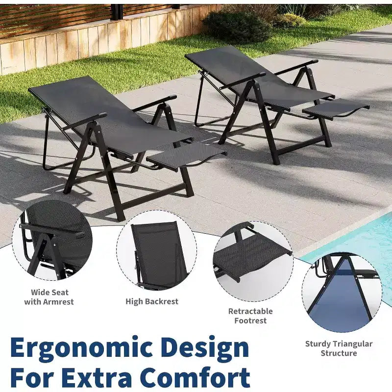 Acekool Sedie Pieghevoli da Giardino, Set da 2, Sedie Reclinabili da Esterno con Braccioli e Poggiapiedi, Sdraio Portatili per Giardino, Cortile, Piscina, Balcone