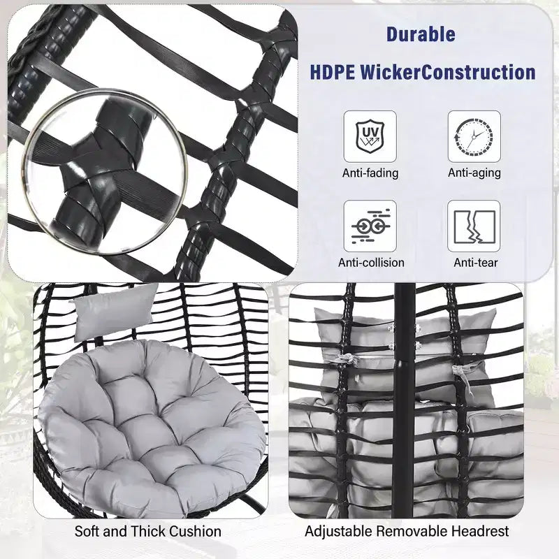 Whisen Hanging Hammock Chair with Stand, Egg Swing Chair with Iron Frame and Cushion & Headrest
