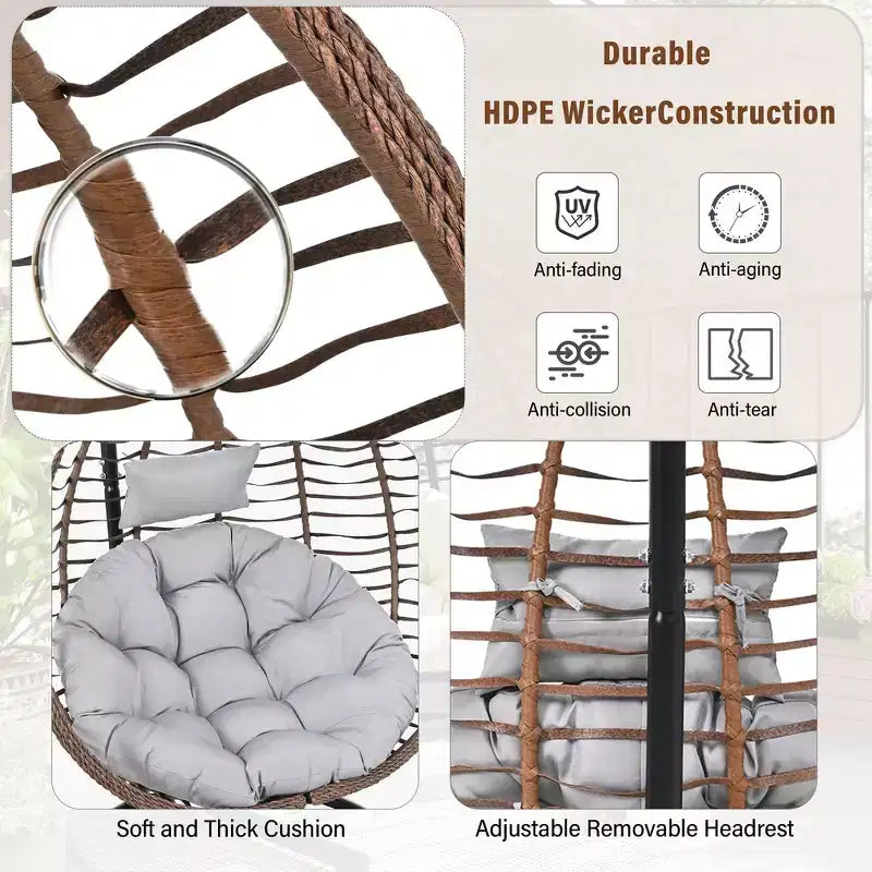 Whisen Hanging Hammock Chair with Stand, Egg Swing Chair with Iron Frame and Cushion & Headrest