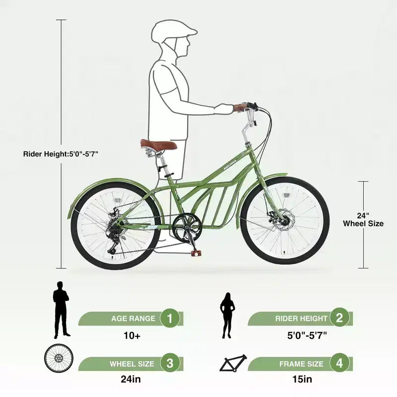 NAYSAYE Bicicletta da pendolare da 24 pollici per adulti, bici ibrida da città a 6 velocità con doppio freno a V, sella regolabile, telaio in acciaio per pendolarismo e tempo libero, uomo donna