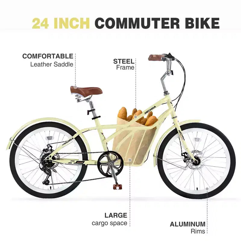 NAYSAYE Bicicletta da pendolare da 24 pollici per adulti, bici ibrida da città a 6 velocità con doppio freno a V, sella regolabile, telaio in acciaio per pendolarismo e tempo libero, uomo donna