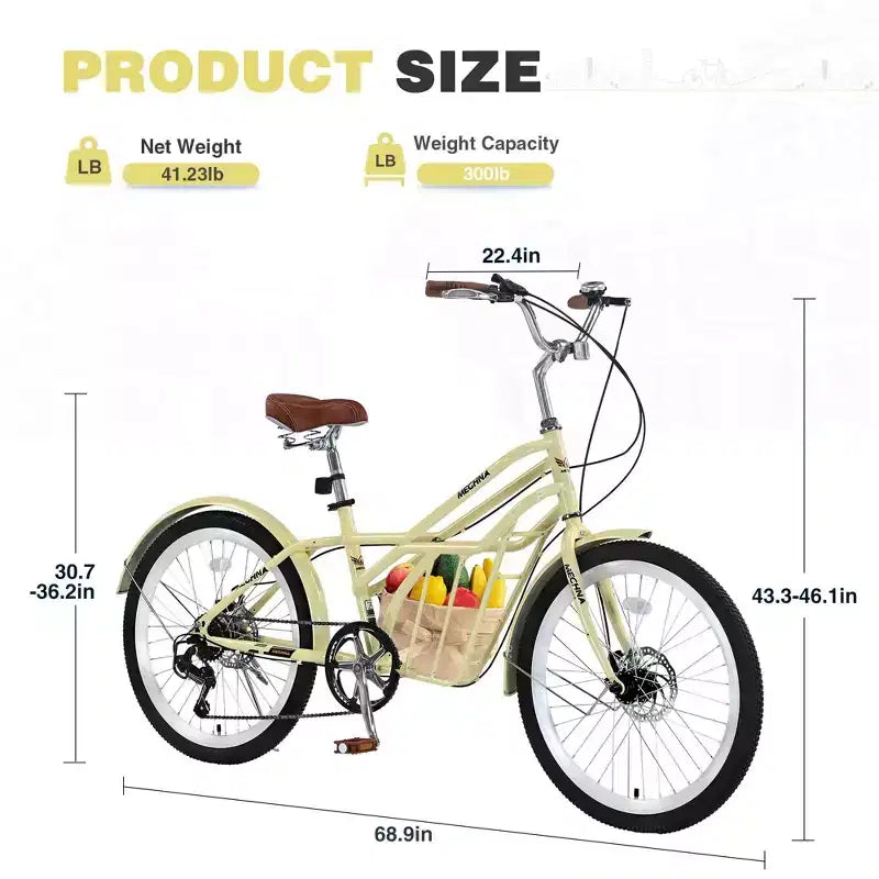 NAYSAYE Bicicletta da pendolare da 24 pollici per adulti, bici ibrida da città a 6 velocità con doppio freno a V, sella regolabile, telaio in acciaio per pendolarismo e tempo libero, uomo donna