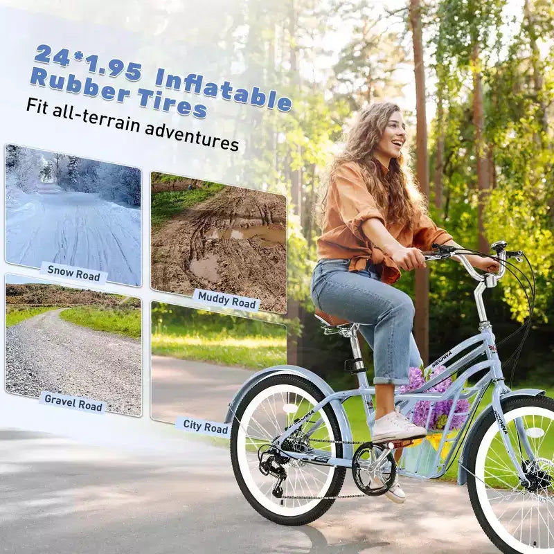 NAYSAYE Bicicletta da pendolare da 24 pollici per adulti, bici ibrida da città a 6 velocità con doppio freno a V, sella regolabile, telaio in acciaio per pendolarismo e tempo libero, uomo donna