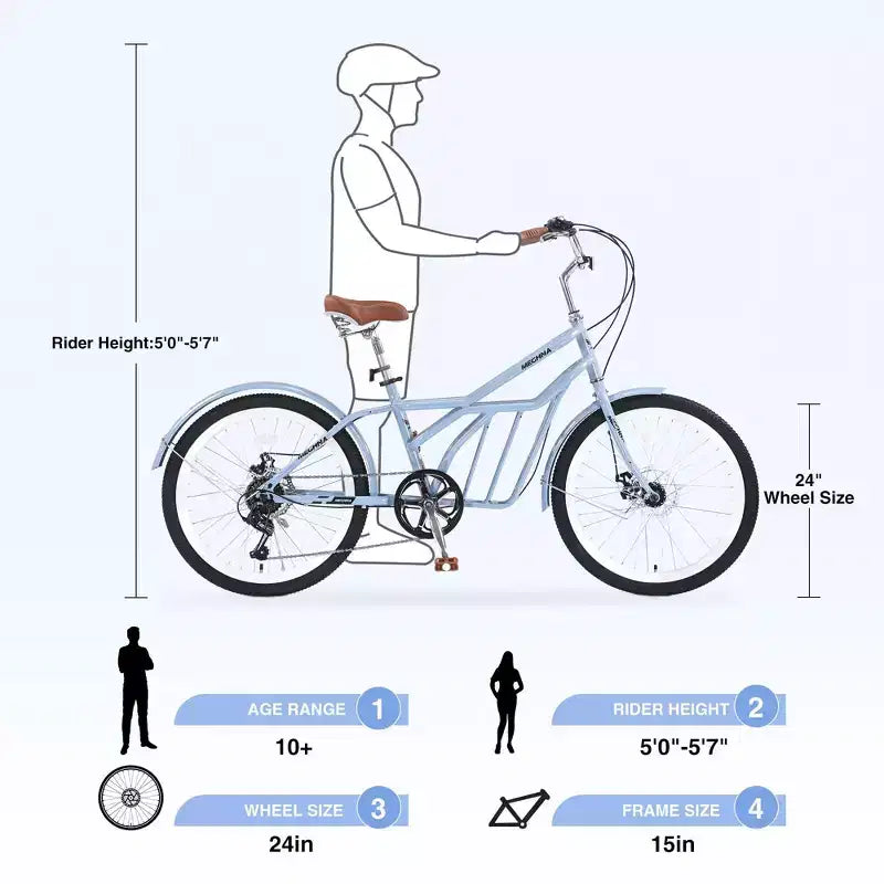 NAYSAYE Bicicletta da pendolare da 24 pollici per adulti, bici ibrida da città a 6 velocità con doppio freno a V, sella regolabile, telaio in acciaio per pendolarismo e tempo libero, uomo donna