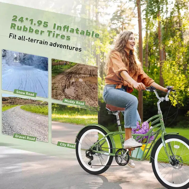 NAYSAYE Bicicletta da pendolare da 24 pollici per adulti, bici ibrida da città a 6 velocità con doppio freno a V, sella regolabile, telaio in acciaio per pendolarismo e tempo libero, uomo donna