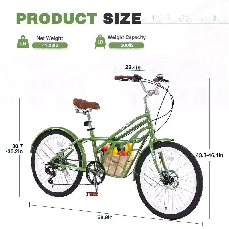 NAYSAYE Bicicletta da pendolare da 24 pollici per adulti, bici ibrida da città a 6 velocità con doppio freno a V, sella regolabile, telaio in acciaio per pendolarismo e tempo libero, uomo donna