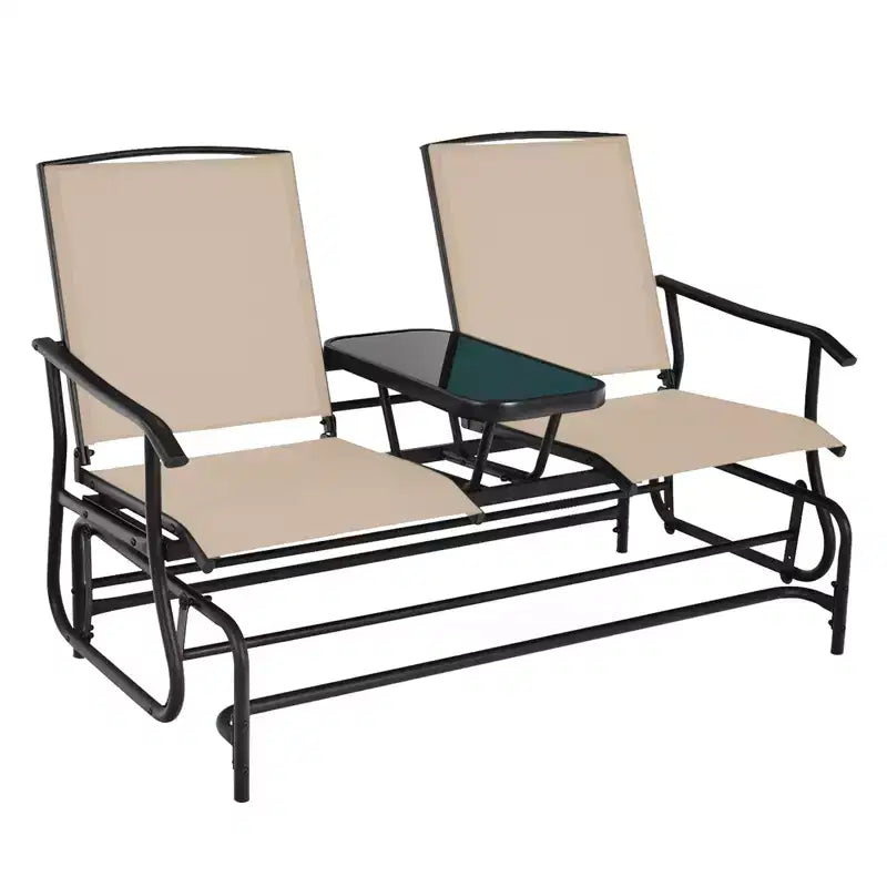 Gymax 2-Person Outdoor Glider Bench with Center Glass Table Patio Swing Lounge Chair Garden Loveseat Rocker Beige