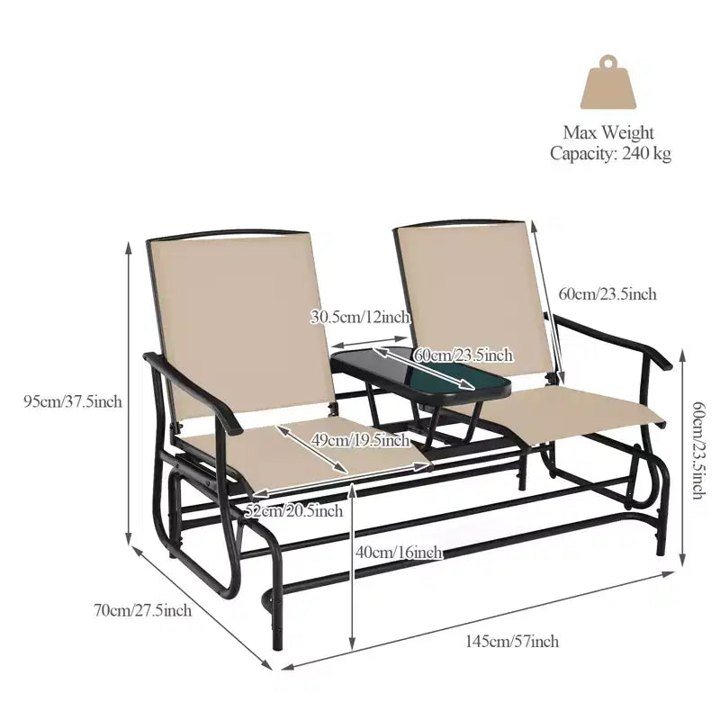Gymax Dondolo a 2 Posti da Esterno con Tavolino Centrale in Vetro, Sedia a Dondolo da Giardino con Dondolo, Divanetto a Dondolo, Beige