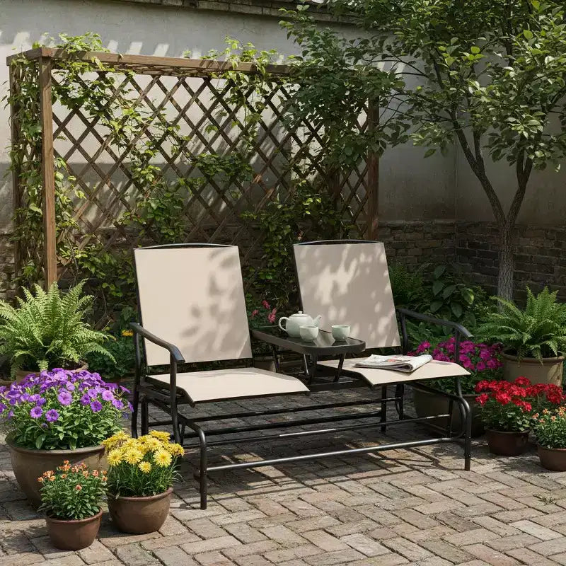 Gymax Dondolo a 2 Posti da Esterno con Tavolino Centrale in Vetro, Sedia a Dondolo da Giardino con Dondolo, Divanetto a Dondolo, Beige