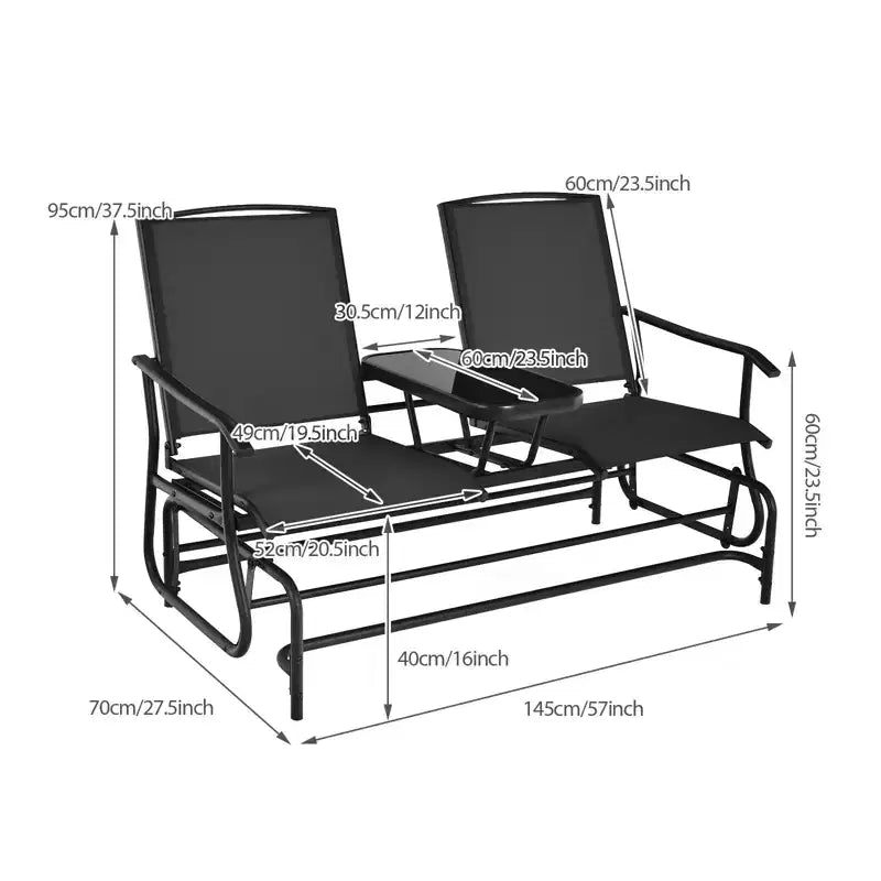 Gymax 2-Person Outdoor Glider Bench with Center Glass Table Patio Swing Lounge Chair Garden Loveseat Rocker Black