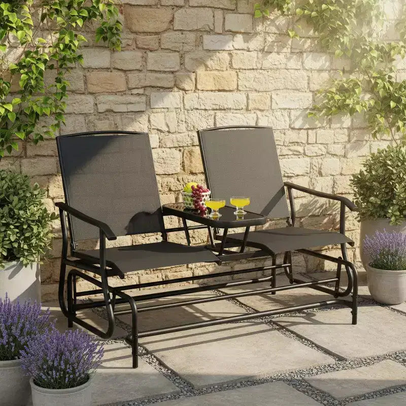 Gymax 2-Person Outdoor Glider Bench with Center Glass Table Patio Swing Lounge Chair Garden Loveseat Rocker Black