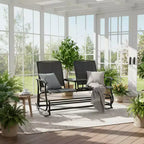 Gymax 2-Person Outdoor Glider Bench with Center Glass Table Patio Swing Lounge Chair Garden Loveseat Rocker Black