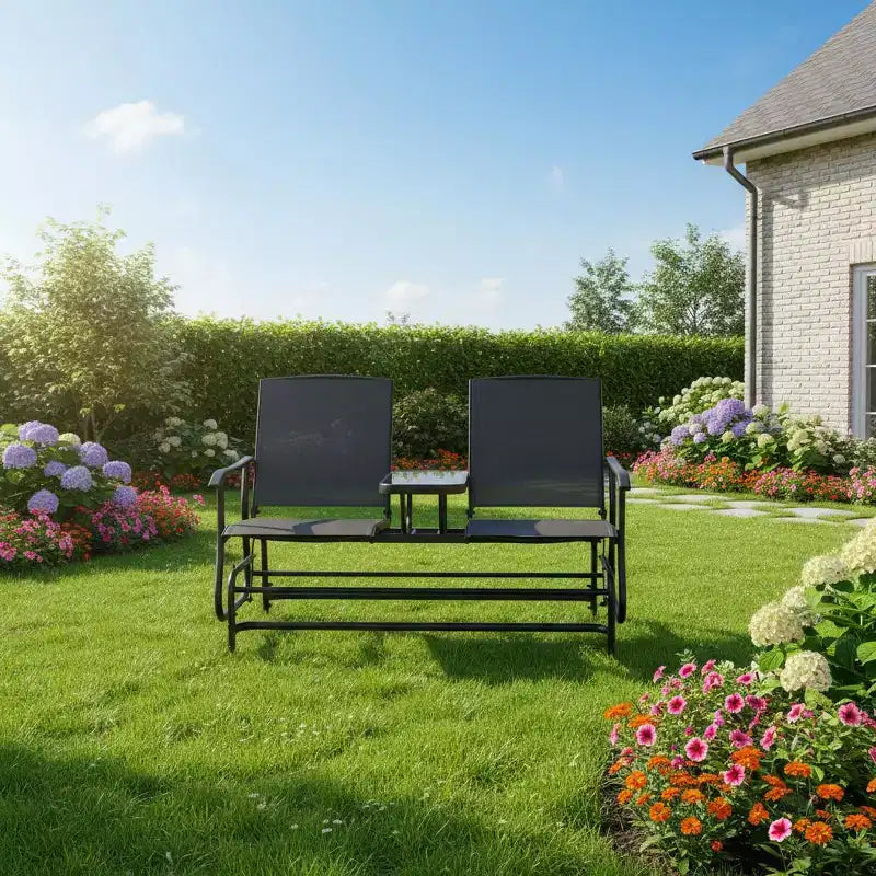 Gymax 2-Person Outdoor Glider Bench with Center Glass Table Patio Swing Lounge Chair Garden Loveseat Rocker Black