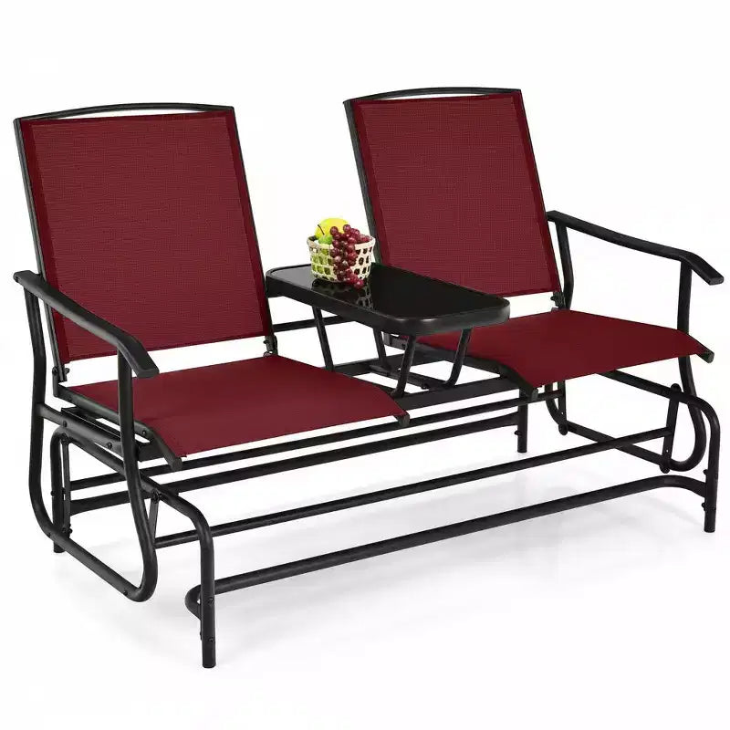 Gymax 2-Person Outdoor Glider Bench with Center Glass Table Patio Swing Lounge Chair Garden Loveseat Rocker Red
