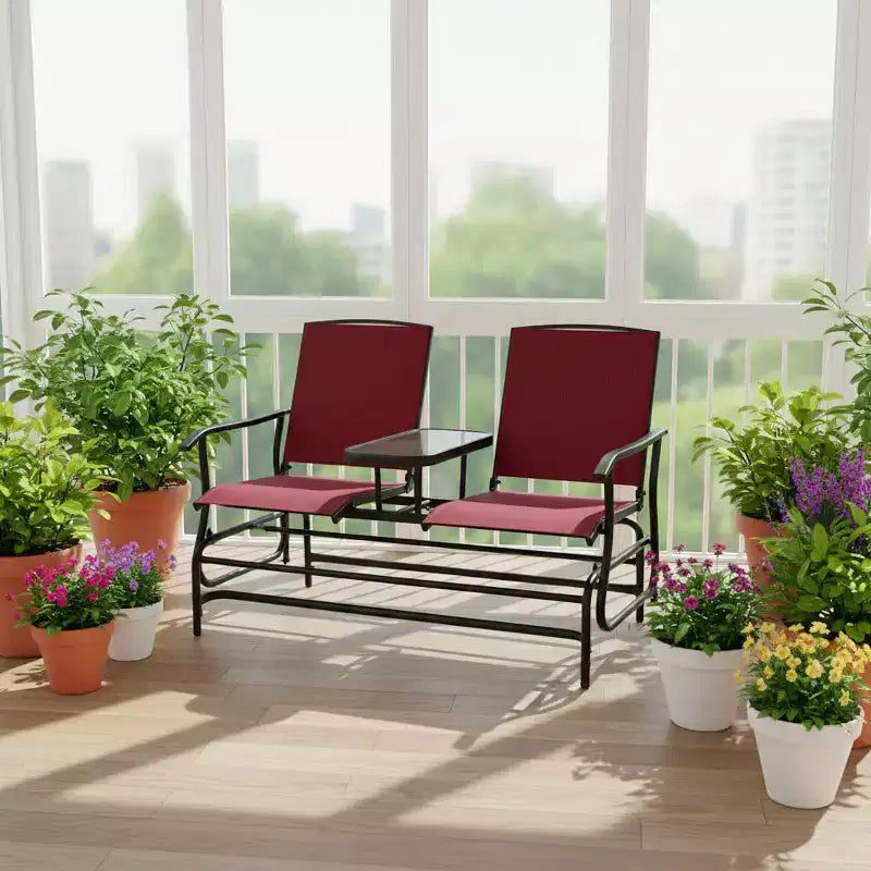 Gymax 2-Person Outdoor Glider Bench with Center Glass Table Patio Swing Lounge Chair Garden Loveseat Rocker Red