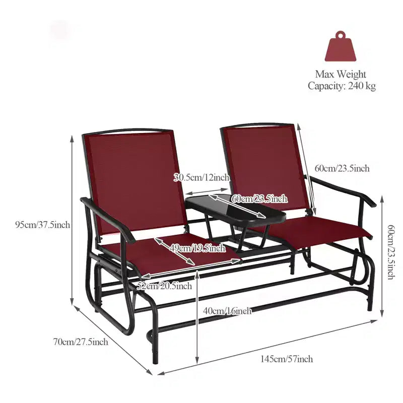Gymax 2-Person Outdoor Glider Bench with Center Glass Table Patio Swing Lounge Chair Garden Loveseat Rocker Red