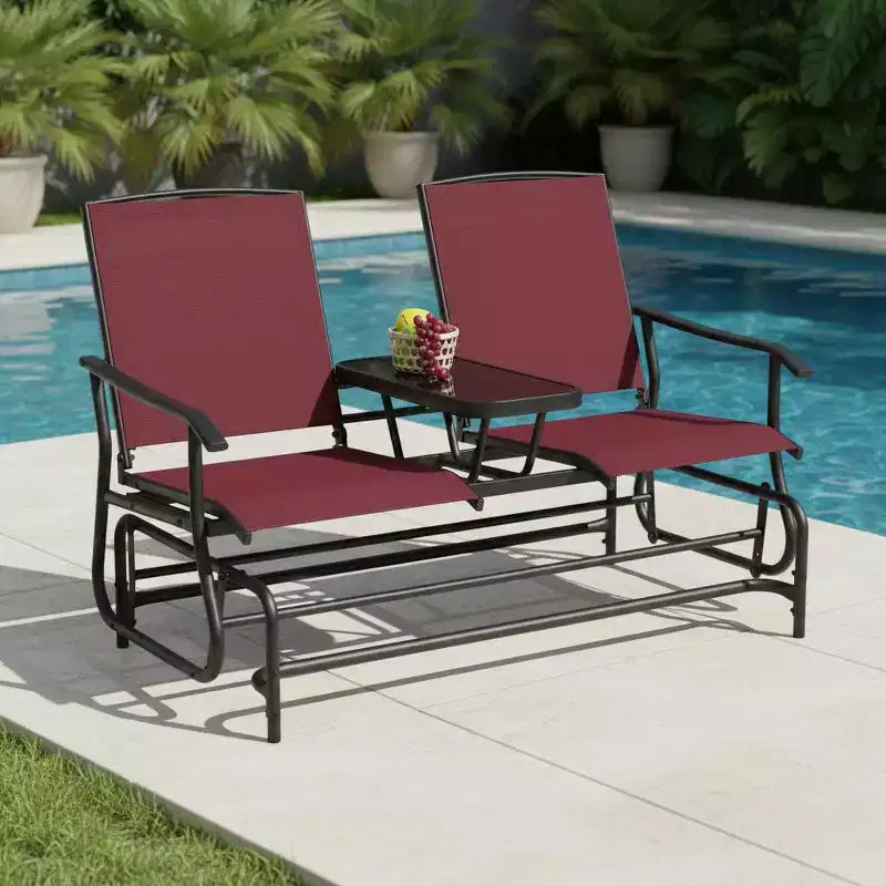 Gymax 2-Person Outdoor Glider Bench with Center Glass Table Patio Swing Lounge Chair Garden Loveseat Rocker Red