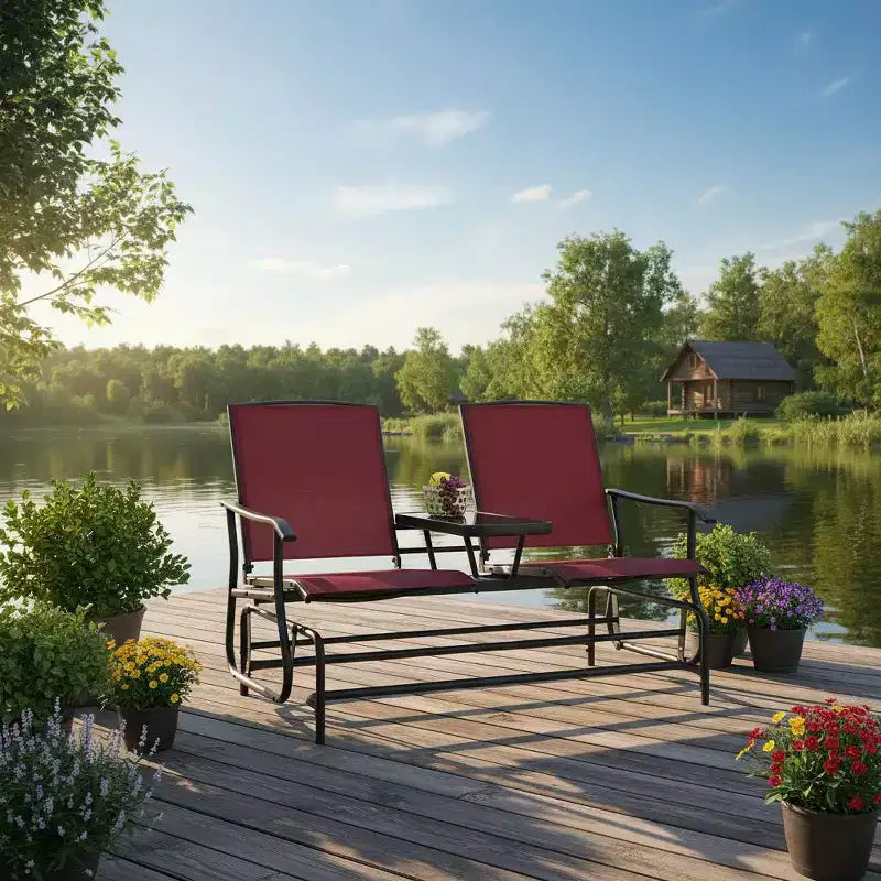 Gymax 2-Person Outdoor Glider Bench with Center Glass Table Patio Swing Lounge Chair Garden Loveseat Rocker Red