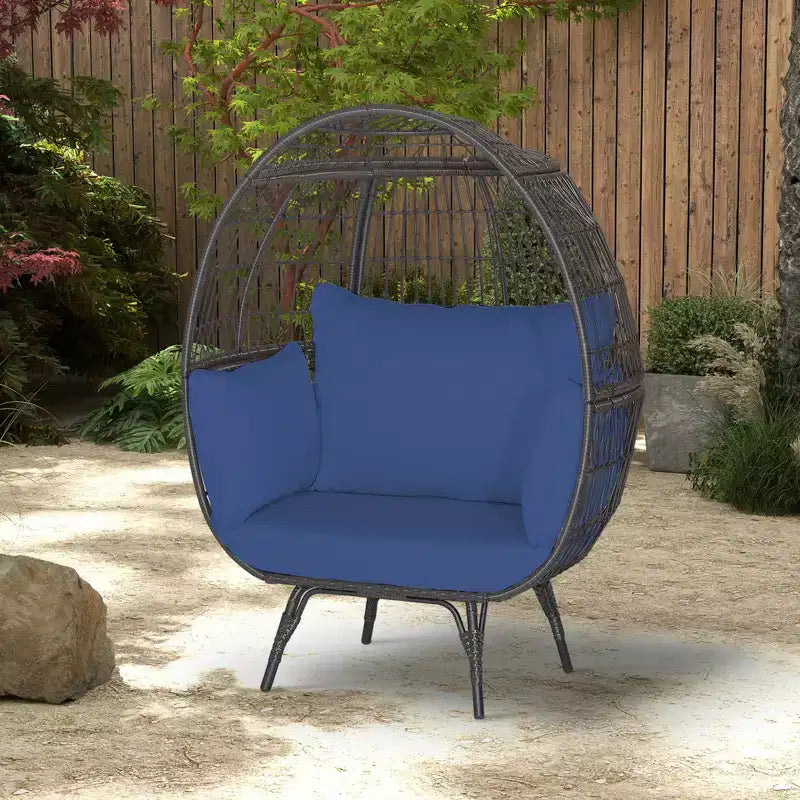 Gymax Sedia a Sdraio a Forma di Uovo in Rattan Vimini Extra-Large con Quattro Cuscini per Interni ed Esterni Blu Navy/Bianco Sporco