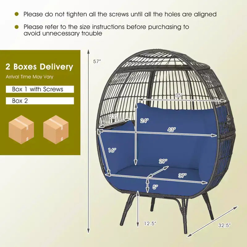 Gymax Sedia a Sdraio a Forma di Uovo in Rattan Vimini Extra-Large con Quattro Cuscini per Interni ed Esterni Blu Navy/Bianco Sporco