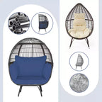 Gymax Sedia a Sdraio a Forma di Uovo in Rattan Vimini Extra-Large con Quattro Cuscini per Interni ed Esterni Blu Navy/Bianco Sporco