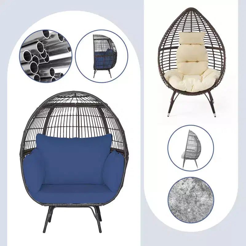 Gymax Sedia a Sdraio a Forma di Uovo in Rattan Vimini Extra-Large con Quattro Cuscini per Interni ed Esterni Blu Navy/Bianco Sporco