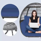 Gymax Sedia a Sdraio a Forma di Uovo in Rattan Vimini Extra-Large con Quattro Cuscini per Interni ed Esterni Blu Navy/Bianco Sporco