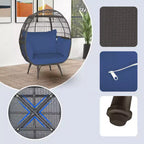 Gymax Sedia a Sdraio a Forma di Uovo in Rattan Vimini Extra-Large con Quattro Cuscini per Interni ed Esterni Blu Navy/Bianco Sporco