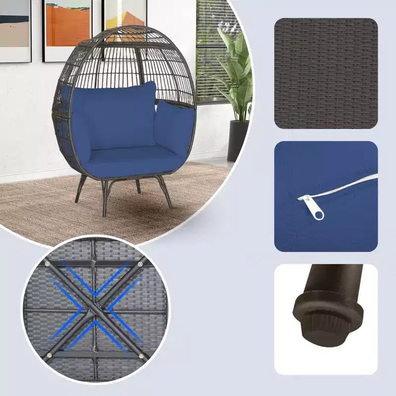 Gymax Sedia a Sdraio a Forma di Uovo in Rattan Vimini Extra-Large con Quattro Cuscini per Interni ed Esterni Blu Navy/Bianco Sporco