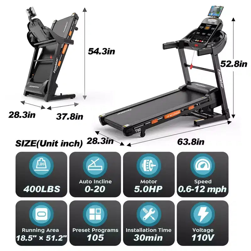 Tapis Roulant da 5HP in Offerta Tapis roulant con inclinazione del 20%, tapis roulant pieghevole per casa piccoli spazi, altoparlanti Bluetooth, controllo tramite App, maniglie con sensori di pulsazioni, capacità 180 kg
