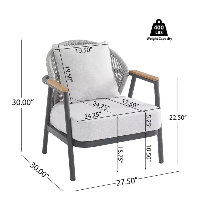 ModernLuxe Outdoor Rope Club Chair Patio Armchair, Weather-Resistant Iron Frame & Cushion, Rustic-Modern Style